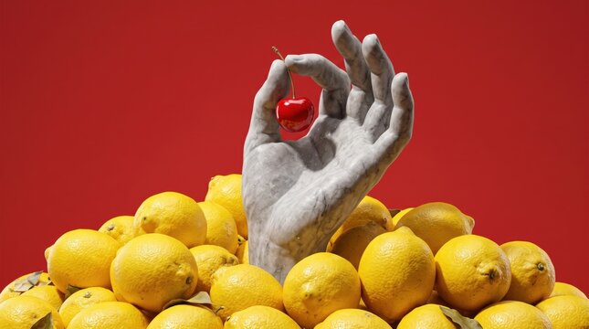 Surreal hand holding cherry above a pile of lemons