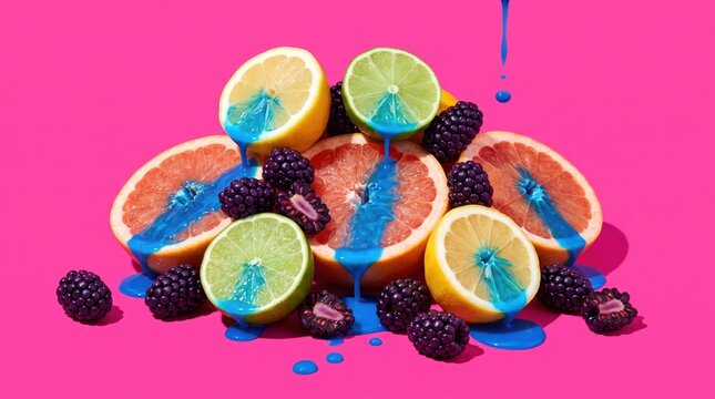 Surreal citrus and blackberry still life with blue syrup