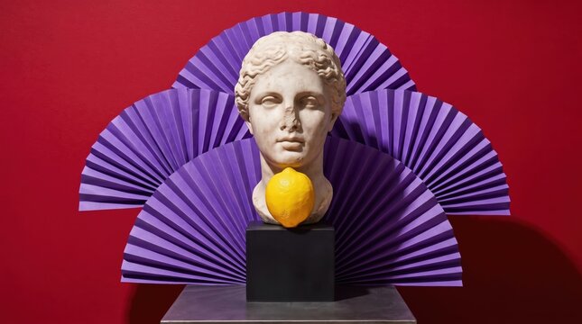Surreal gastronomy with classical bust, lemon and purple fan
