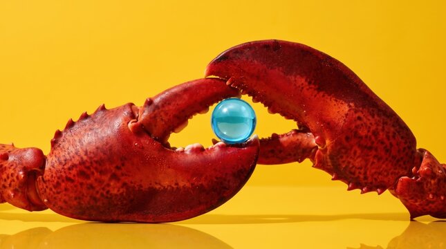 Surreal lobster claw holding blue sphere on yellow background