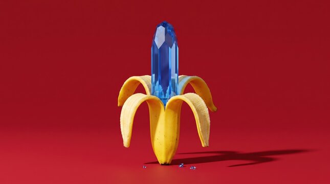 Surreal banana with blue crystal on red background