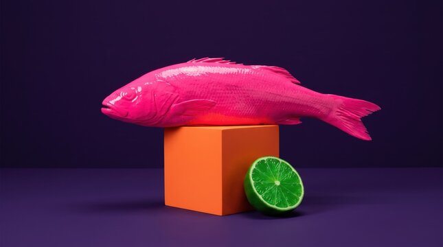Surreal pink fish with lime on orange cube still life