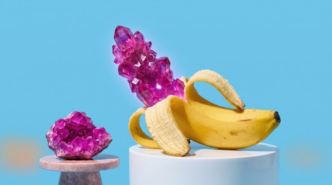 Surreal banana with purple crystal on blue background