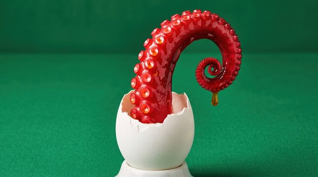 Surreal octopus tentacle emerging from cracked egg shell