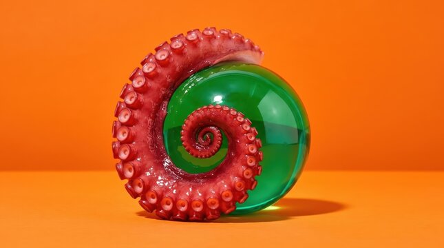 Surreal octopus tentacle spiral around green glass orb