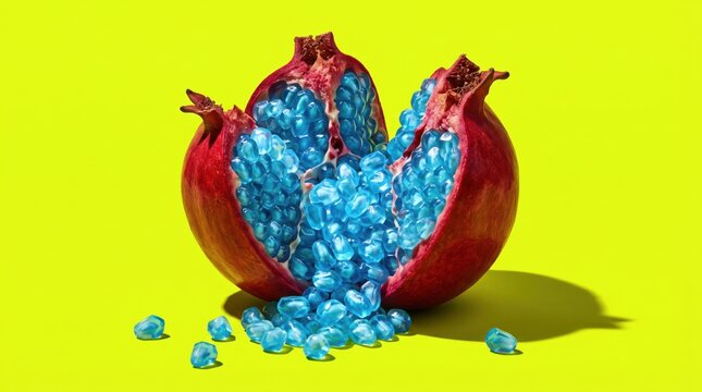 Surreal pomegranate filled with blue gemstone seeds on yellow
