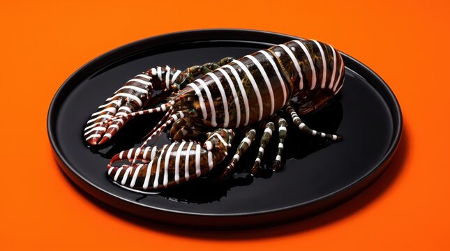 Surreal zebra-striped lobster dish on black plate