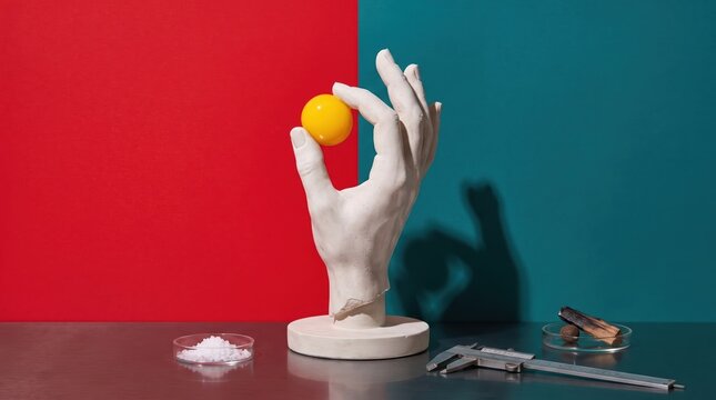 Surreal egg yolk held by sculpted hand in studio