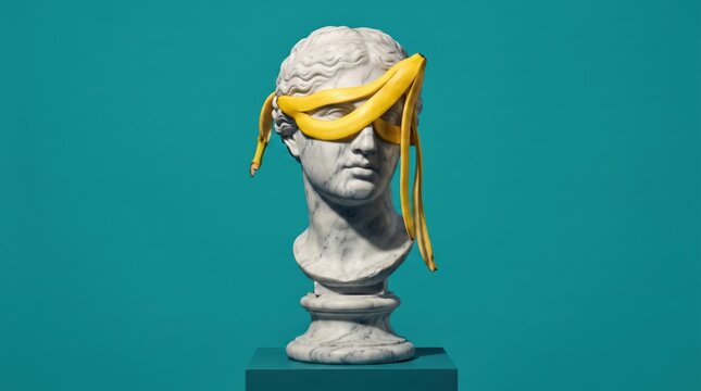 Surreal banana peel over marble classical sculpture