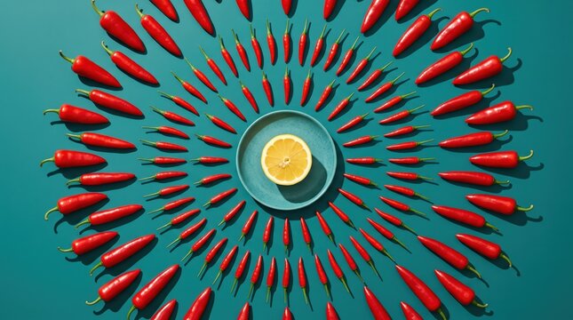 Surreal chili pepper spiral around lemon on turquoise background