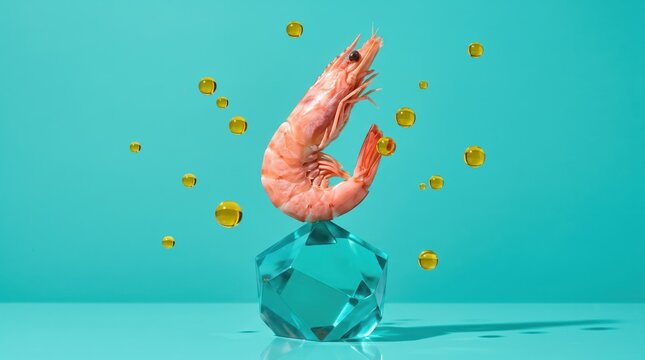 Surreal shrimp balancing on crystal with floating oil drops