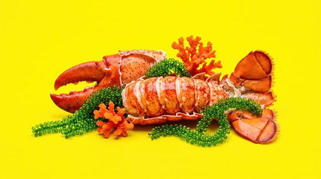 Surreal lobster dish with seaweed and coral on yellow