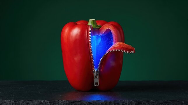 Surreal red bell pepper with zipper and blue glow