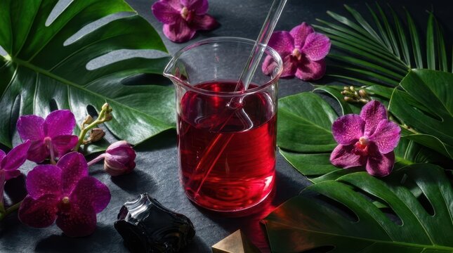 Red botanical beverage in glass with tropical orchid flowers