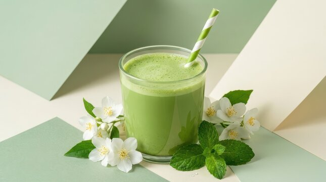 Green smoothie with mint and jasmine flower still life
