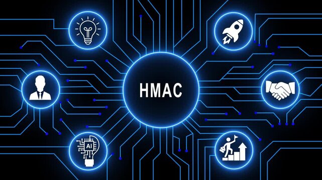 Hmac cyber security concept displayed on digital circuit board with glowing blue node network for advanced cryptographic authentication protocols and secure information technology systems