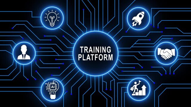 Comprehensive digital training platform concept featuring glowing neon circuit board animations, skill development business growth strategies, and modern e-learning solutions