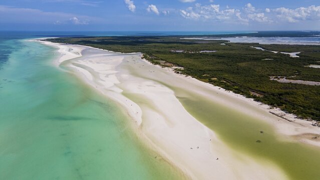 Aerial of the turquoise waters and white sands of Holbox island, Yucatan Mexico