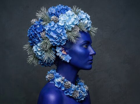 Blue botanical portrait with hydrangea floral headdress