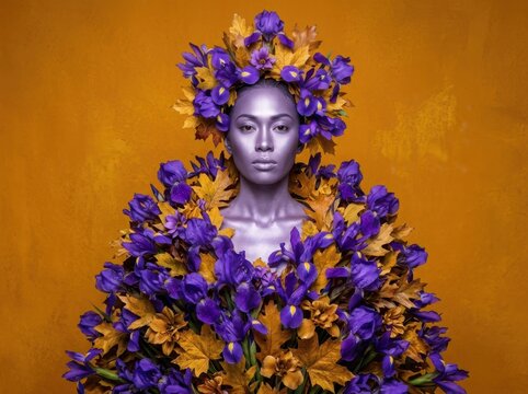 Artistic botanical portrait of a woman with purple iris flowers