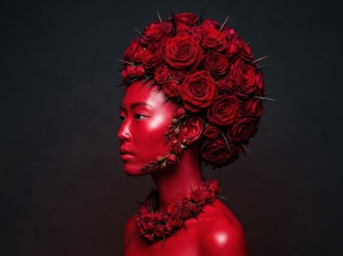 Red rose botanical portrait of an artistic female model