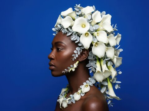 Botanical portrait of model with calla lily floral headdress