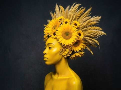 Artistic botanical portrait of model with sunflower headdress