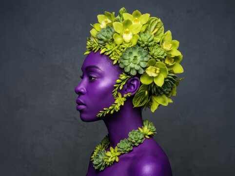 Purple botanical portrait with succulent floral headdress