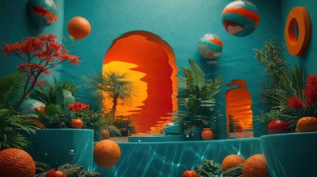 Surreal underwater garden with citrus fruit and coral