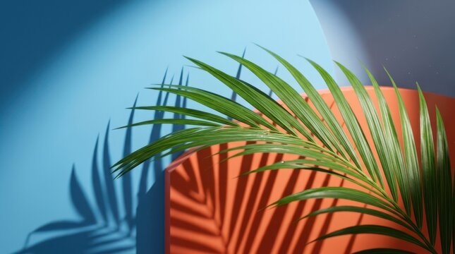 Surreal palm leaf shadow on blue and orange backdrop