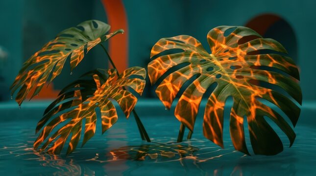 Surreal tropical monstera leaves with fiery water reflections