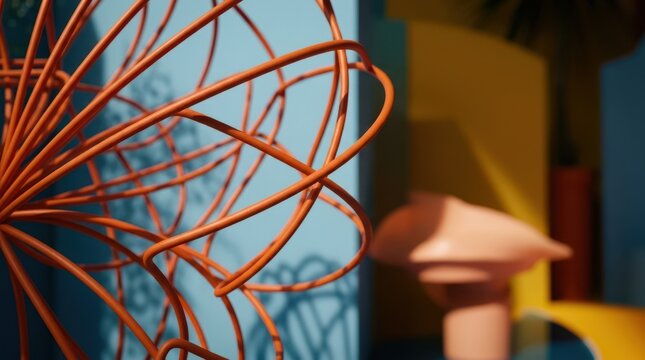 Surreal orange wire mesh against a soft blue background