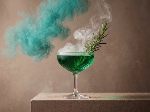 Emerald rosemary mocktail with delicate smoke effect