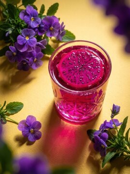 Vibrant dragon fruit beverage in crystal glass with violets