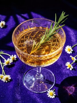 Golden herbal cocktail in crystal glass with rosemary