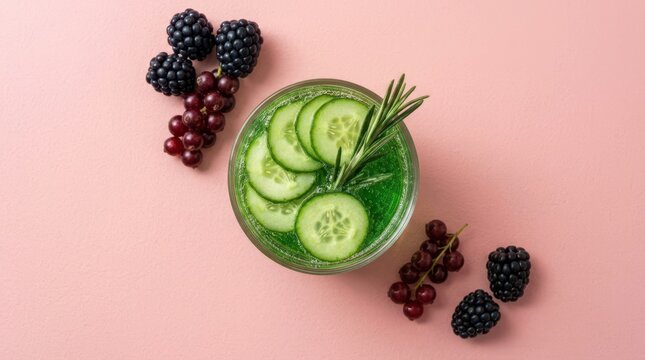 Green cucumber mocktail with rosemary and fresh berries