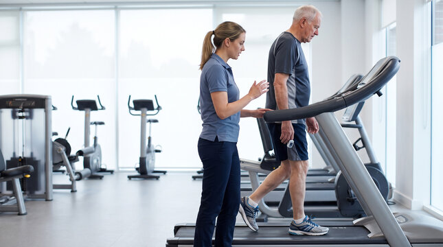 Adult patient completes supervised treadmill exercise during cardiac rehabilitation, focusing on cardiovascular fitness, recovery, exercise therapy and preventive heart care.