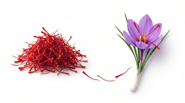 Saffron threads and crocus flower on plain background