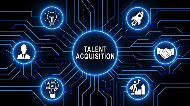 Dynamic talent acquisition concept animation with glowing blue circuit board background, digital human resources management network, hiring process and modern corporate recruitment strategy
