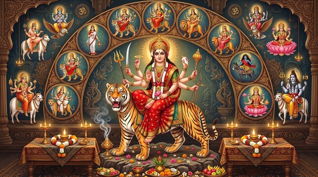  Rich Traditional Hindu Devotional Art of Goddess Durga on Tiger with Puja Thali