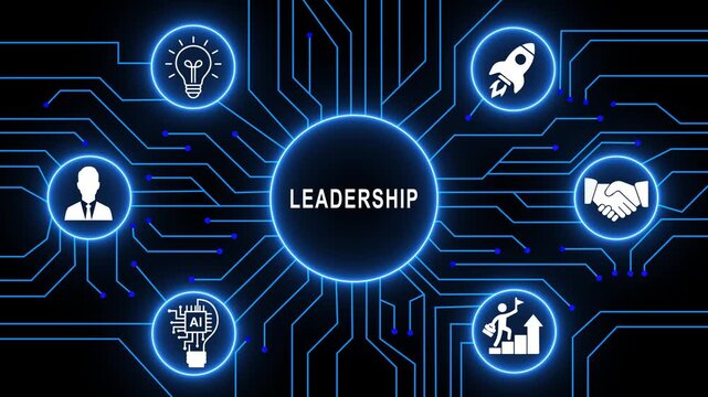 Dynamic leadership digital network animation featuring glowing circuit board patterns, interconnected business strategy artificial intelligence, and modern corporate growth concepts in blue