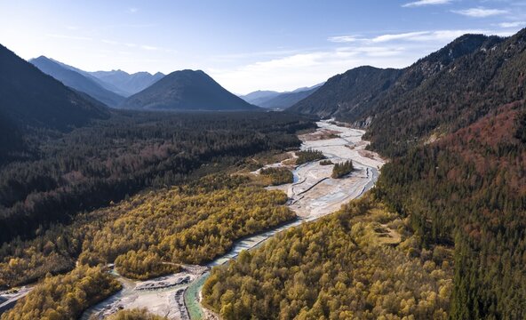 Aerial view, natural riverbed of the upper Isar, wild river landscape Isartal, Bavaria, Germany