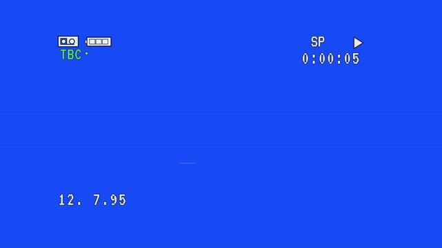 VHS camcorder recording screen overlay with timecode, date and retro video interface on blue background