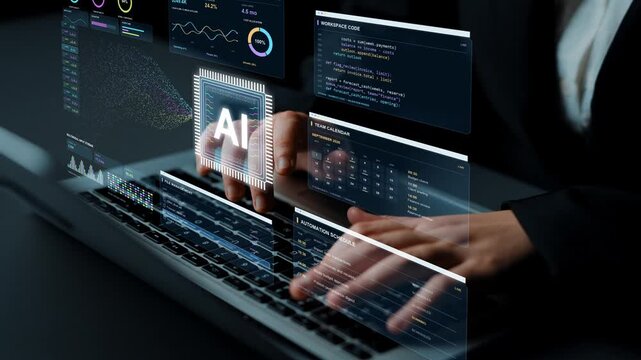 Hands type on a laptop. An AI operations hub combines data interpretation with financial work, bringing transaction processing, reporting and team activity into a connected workflow.