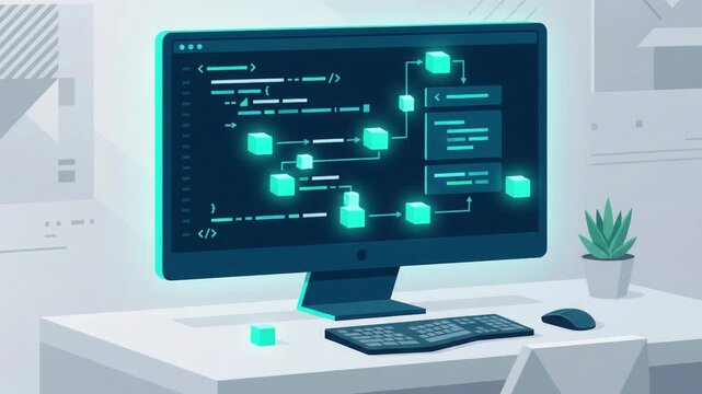Blockchain technology data flow visualization on computer screen