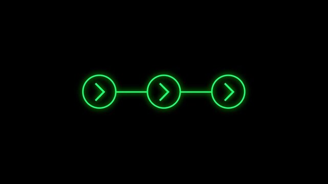 Neon Green Three Step Arrow Process Animation with Right Pointing Chevron Icons and Glowing Connected Circles on Black Background for Workflow and Motion Graphics