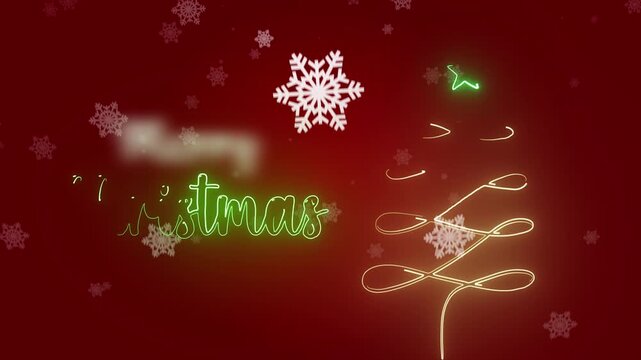 Merry christmas neon sign animation on red background with glowing yellow pine tree and falling white snowflakes for festive holiday seasons greeting cards or digital marketing screens