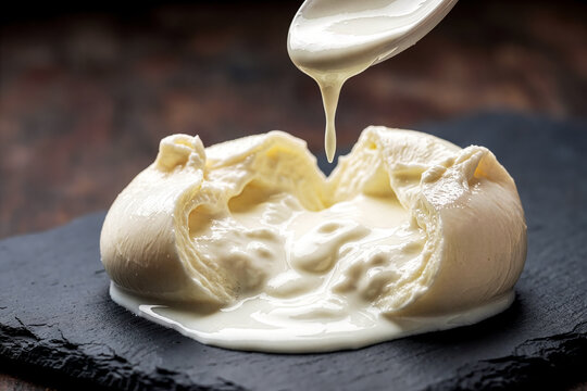 Macro detail of fresh Italian burrata cheese, creamy stracciatella texture close-up