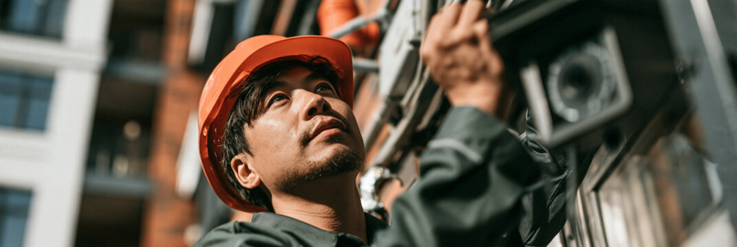 Mann mit orangefarbenem Helm und Bart installiert &Uuml;berwachungskamera