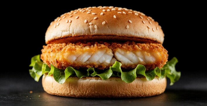 Crispy fish fillet burger with sesame bun and fresh lettuce. Fried seafood sandwich on dark background. Tasty fast food meal with crunchy texture. Gourmet ocean fish burger for lunch or dinner menu.